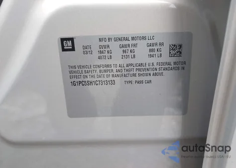 2012 Chevrolet Cruze Ls from USA, damaged, VIN 1G1PC5SH1C7313133